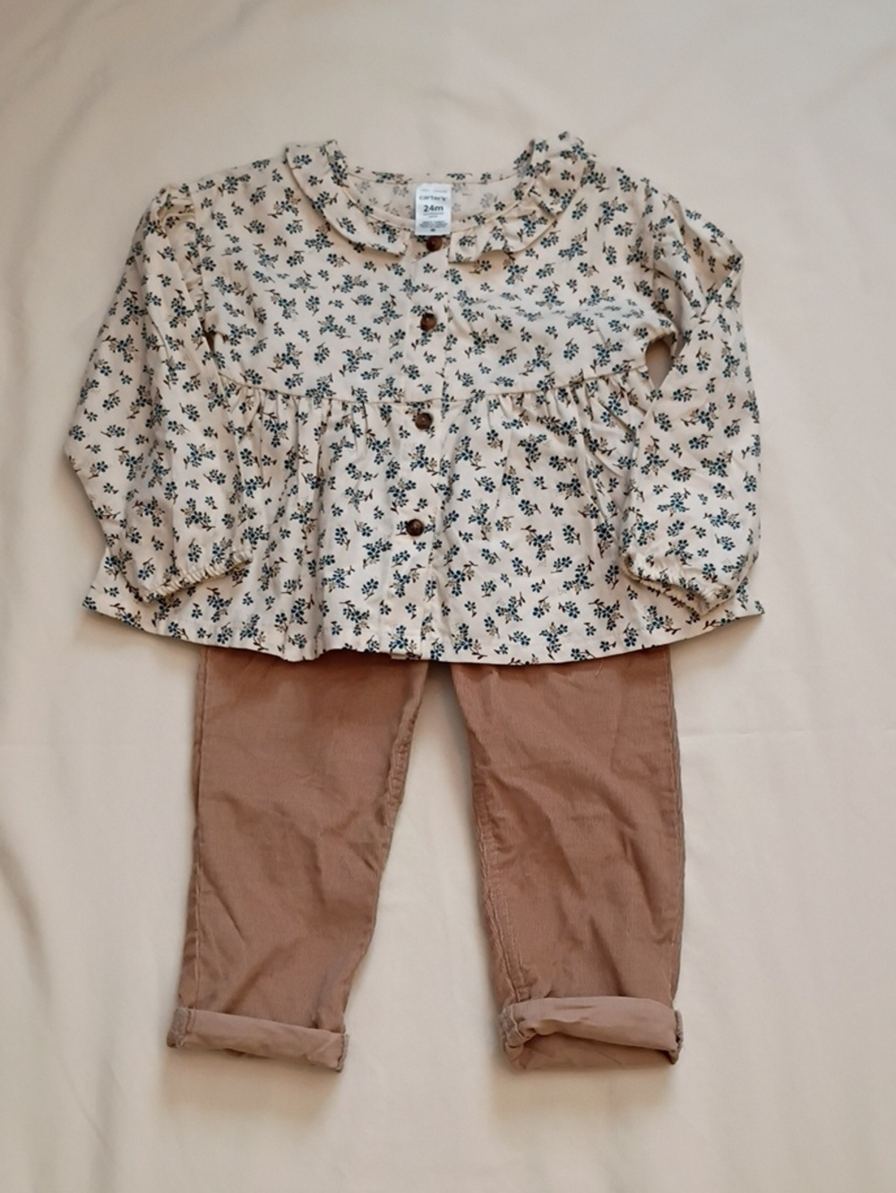 Carter's Cream Floral Button-Front Top with Tan Pants Size 24m